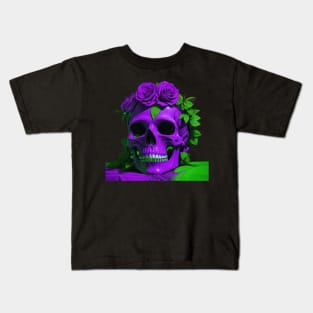 Gothic Elegance Meets Urban Flair: Green and Violet Skull Aesthetic with Roses Kids T-Shirt